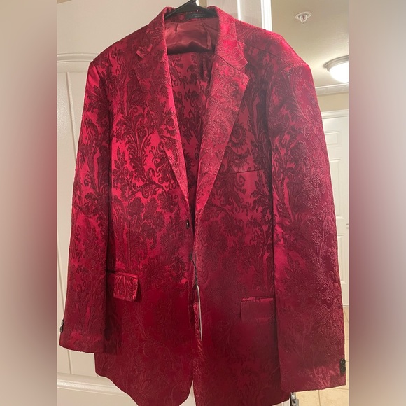 Studio Suits Red Italian Silk Licana Lycra Jacquard Suit 48R and 50R 2pc NWT - Picture 3 of 16